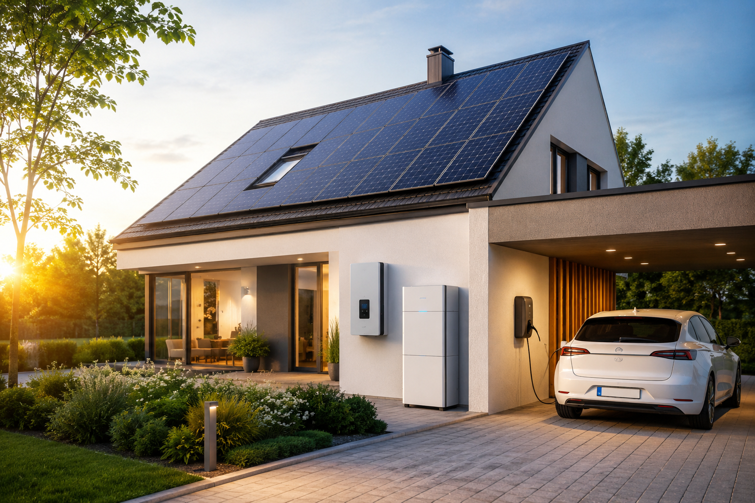 Einfamilienhaus mit Photovoltaikanlage auf dem Dach, Stromspeicher an der Fassade und E-Auto an der Wallbox