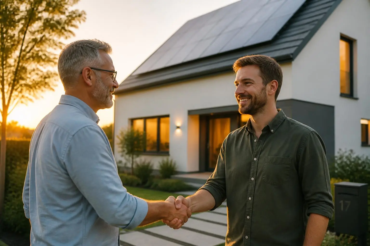 Zwei Nachbarn geben sich vor einem Einfamilienhaus mit Solaranlage die Hand